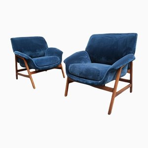 Blue Fabric & Rosewood Model 849 Lounge Chairs by Gianfranco Frattini for Cassina, 1950s, Set of 2