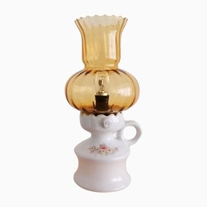 Portuguese Rustic White Ceramic & Amber Glass Table Lantern, 1950s