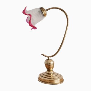 Goldene Jugendstil Tischlampe aus Messing & Rosa Milchglas, 1930er