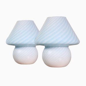 Baby Blue Murano Glass Swirl Mushroom Table Lamps, 1970s, Set of 2