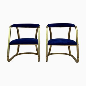 Mid-Century French Gold Brass Armchairs with Blue Velvet Upholstery, 1940s, Set of 2