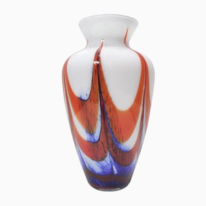 Vintage Orange, White & Blue Murano Glass Vase by Carlo Moretti