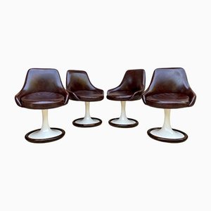 Sedie girevoli Space Age in pelle marrone, plastica e legno, anni '60, set di 4