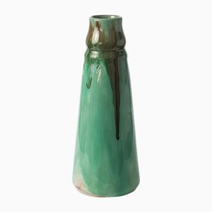 Antike grün glasierte Keramikvase von Faiencerie Thulin