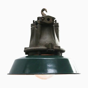 French Industrial Green Enamel, Cast Iron and Clear Glass Pendant Lamp from Sammode
