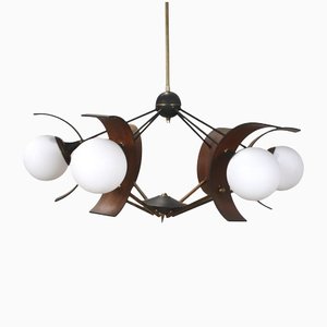 Ceiling Lamp in Wood, Metal, Glass & Brass, Italy, 1950s-1960s