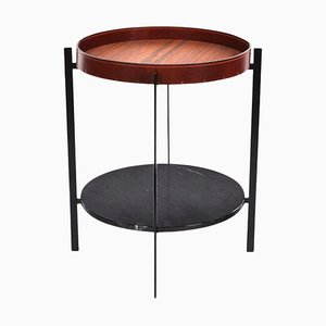 Table Basse en Cuir Cognac, Teck et Marbre Marquina Noir par Oxdenmarq