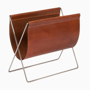 Cognac Leather and Steel Maggiz Magazine Rack by Ox Denmarq