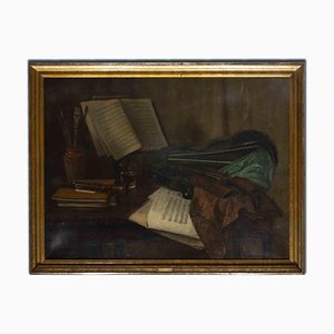 Albert Lang, Bodegón con violín, partituras y pinceles, óleo sobre lienzo