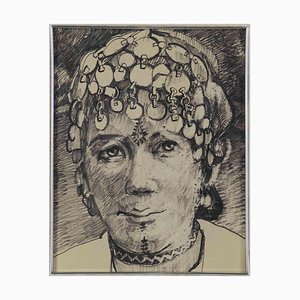 Helen Vogt, Portrait de Femme Marocaine, Dessin Original, Mid-20th-Century