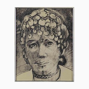 Helen Vogt, retrato de mujer marroquí, dibujo original, mediados del siglo XX