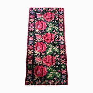 Moldavian Runner Rug with Pink Roses Made by Hand in Wool