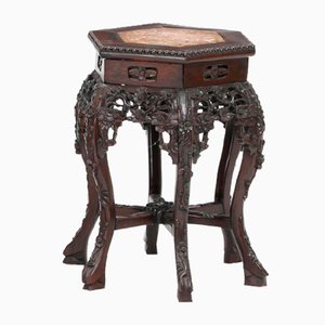 Carved Chinese Mahogany Vase Stand with Marble