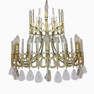 Lustre Mid-Century en Cristal Plaqué Argent par Gaetano Sciolari