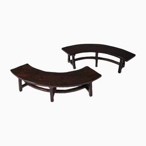 French Stained Ash Curved Wooden Benches, Set of 2