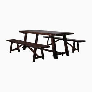 Sculptural Stained Elm Table & Benches, Set of 3