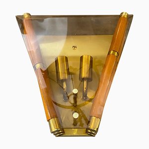 Modernist Italian Glass Wall Sconce in Wood and Brass, 1980s