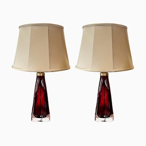 Brass Cranberry Table Lamps by Carl Fagerlund for Orrefors, 1960s, Set of 2