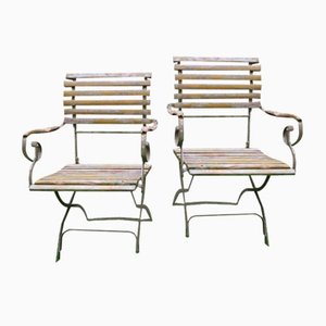 Patinated Cast Iron Garden Chairs with Scroll Arms, Set of 2