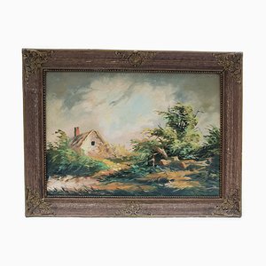 Landscape with a Hut, Oil on Canvas, Framed