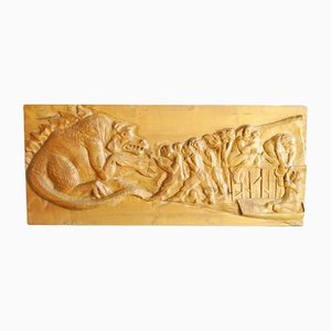 Mythological Figure of a Dragon and Some Commoners Bas-Relief in Solid Wood, 1960s