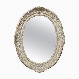 Neoclassical Spanish Empire Oval Silver Mirror in Hand-Carved Wood, 1970