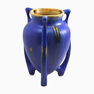 Art Nouveau Vase with 3 Handles & Controlled Drip Glazes in Blue and Brown
