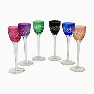 Small Bohemian Colored Crystal Liqueur Glasses, Set of 6