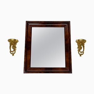 Small Mahogany Mirror with Gilt Wood Rocaille Scroll Wall Brackets, Set of 3
