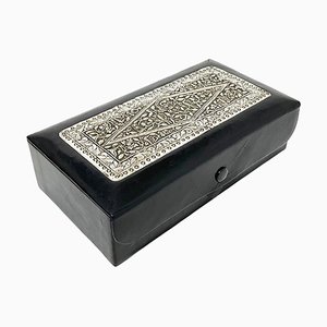 Black Leather Jewelry Box with Indonesian Silver, 1920s