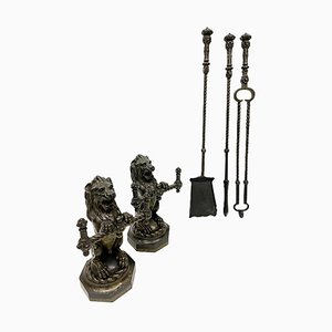 19th French Century Cast Iron Fire Dogs or Andirons with Tools, Set of 5