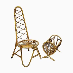 Mid-20th Century Rattan and Bamboo Chair and Magazine Rack, Set of 2