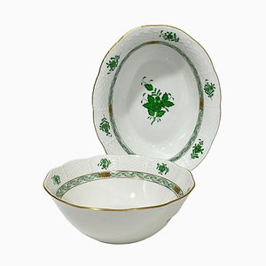 Chinese Porcelain Apponyi Green Bouquet Bowl and Oval Dish from Herend Hungary, Set of 2