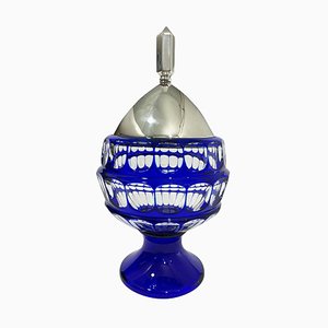 German Blue Bohemian Crystal Bowl with Silver Lid by Hermann Behrnd, Dresden