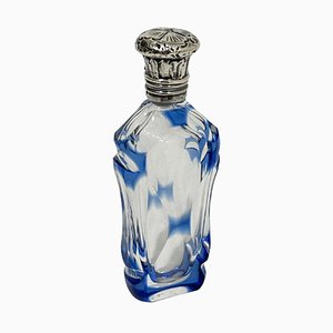 Petite Bouteille de Parfum Transparente et Bleue avec Bouchon en Argent, France, 19ème Siècle