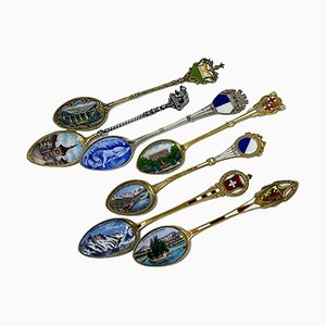 Silver and Enamel Spoons from Various Places in Europe, Set of 7