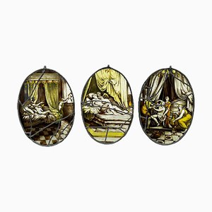 19th Century Dutch Oval Fire-Painted Stained Glass Windows by Jan Schouten for Delft, Set of 3
