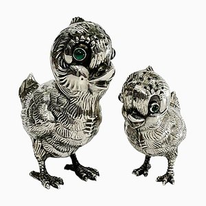 Spanish Silver Salt and Pepper Shakers in the Shape of Chicks, 1940s, Set of 2