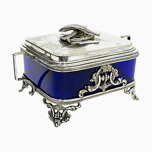 19th Century English Plate Silver Box with Blue Glass, 1866