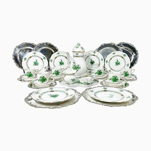 Chinese Bouquet Apponyi Green Porcelain Coffee Set with Silver from Herend Hungary, Set of 28