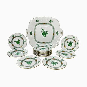 Green Porcelain Chinese Bouquet Apponyi Pastry Set from Herend Hungary, Set of 13