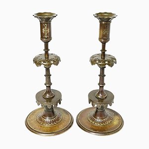 19th Century Gothic Style Bronze Candleholders, Set of 2