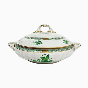 Sopera Apponyi de porcelana verde con asas de Herend Hungary