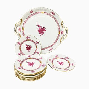 Chinese Bouquet Himbeer Porzellan Tablett und Kleine Teller von Herend Ungarn, 9er Set
