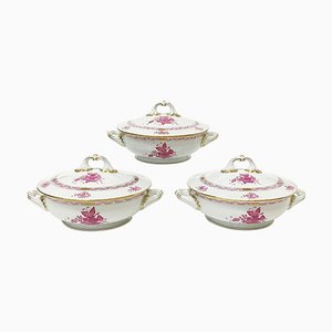 Chinese Bouquet Raspberry Porcelain Tureens with Handles from Herend, Set of 3