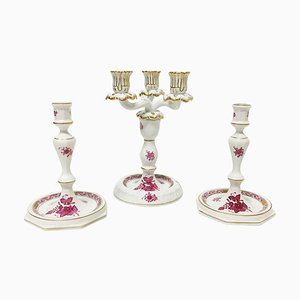 Chinese Bouquet Raspberry Porcelain Candleholders from Herend Hungary, Set of 4