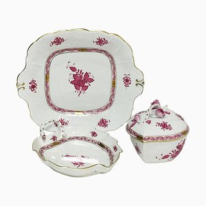 Chinese Bouquet Raspberry Porcelain Box, Dish and Cake Plate from Herend Hungary, Set of 3