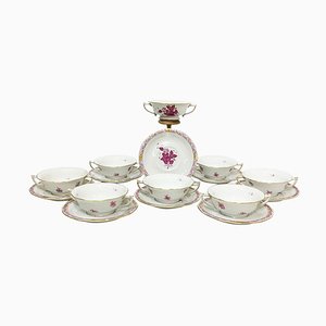 Chinese Bouquet Raspberry Porcelain Cream Soup Cups and Stands from Herend, Set of 16