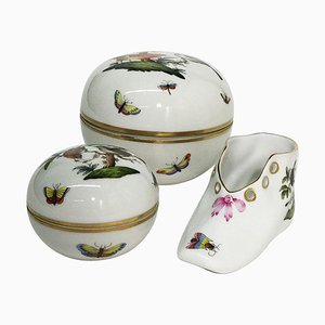Rothschild Porcelain Round Lidded Boxes and Shoe from Herend Hungary, Set of 3