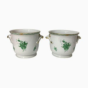 Macetas Bouquet chino grandes de porcelana verde Apponyi de Herend Hungary. Juego de 2